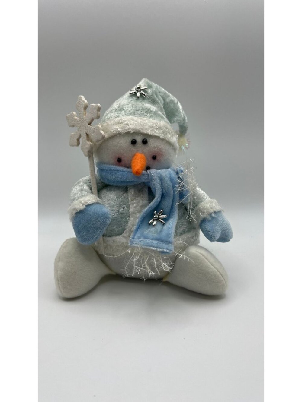 Plush Snowman Winter Decor With Blue Scarf & Sparkling Details